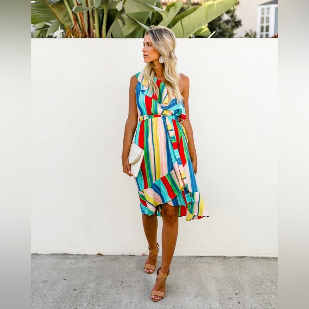 Rainbow Ruffle One Shoulder Stripe Midi Dress Cali Girl Dopamine Dressing M - Picture 4 of 14